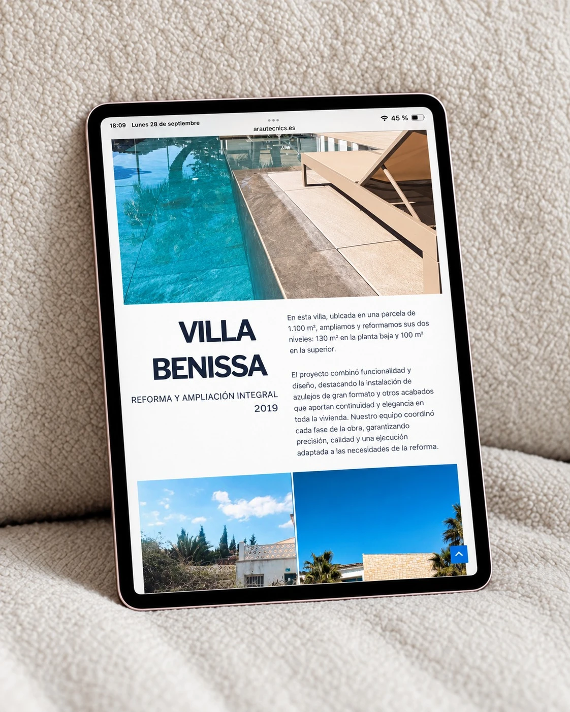 Web de Arauz Tecnics en un iPad: proyecto Villa Benissa